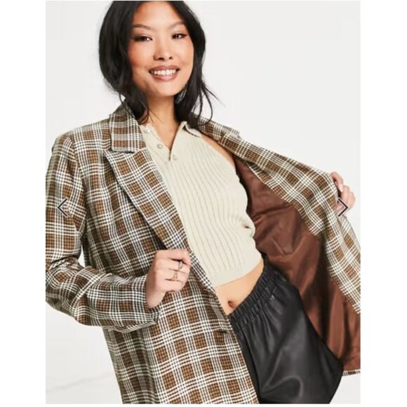 Urban Threads Womens Plaid Blazer Jacket Brown/White S - Picture 2 of 10